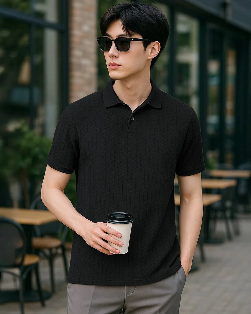 bewakoof Men's Jet Black Textured Korean Polo T-shirt